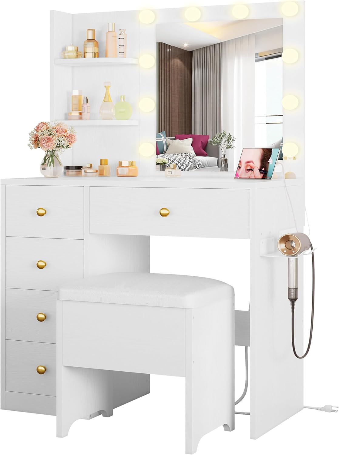 IRONCK Vanity Desk with Mirror and Lights, Small Makeup Vanity Table with 5 Drawers, Power Outlet, and Vanity Stool, 3 Lighting Colors, Dressing Table for Women Girls Bedroom, White