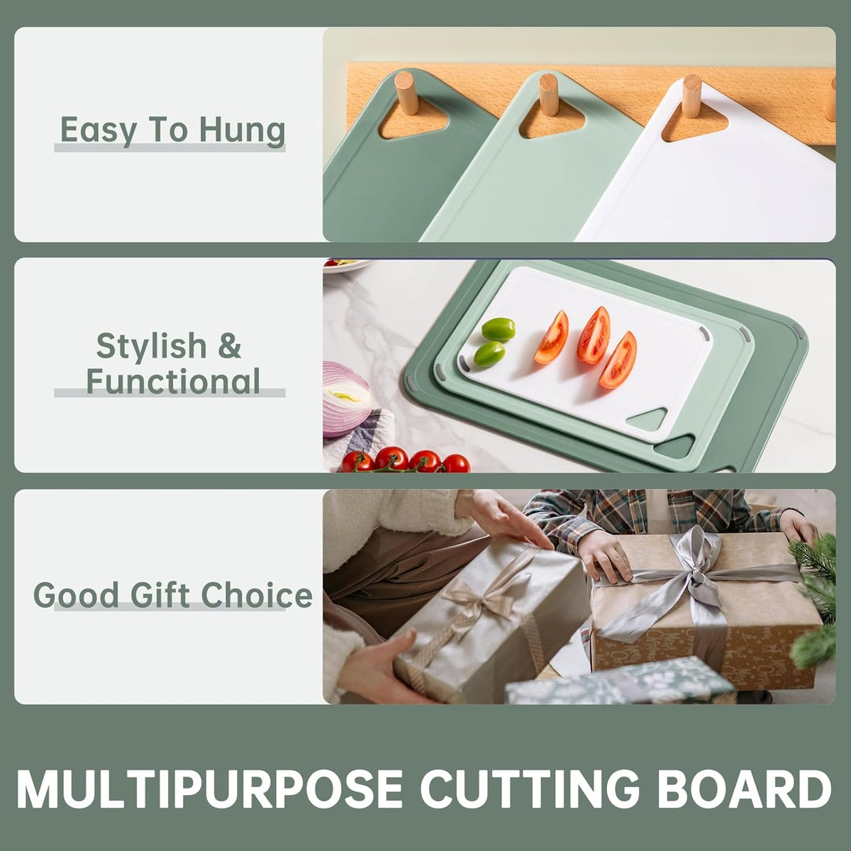 Plastic Cutting Board Set of 3-Cutting Boards for Kitchen BPA Free, Large-Small Chopping Boards Non-Slip for Cooking Camping Dishwasher Safe, Reversible, with Grip Handle, 15"×10"×0.6" Green