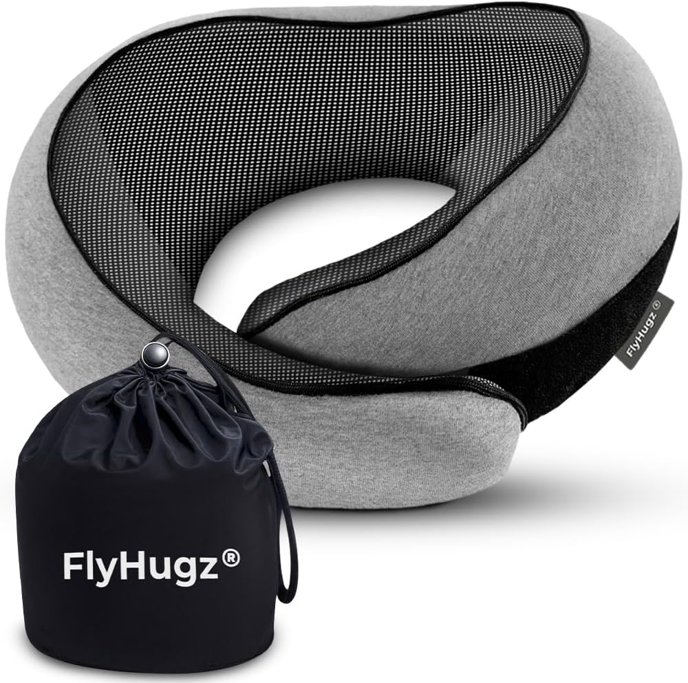 FlyHugz® Neck Travel Pillow | Memory Foam Neck Pillow for Comfort on Airplane | Compact and Ergonomic Design for Travel, Car Rides, and Home Use | Ideal for Adults and Kids