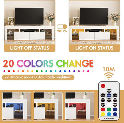 JUMMICO TV Stand with LED Lights, Modern Entertainment Center Media and Open Shelf Console Table Storage Desk with 1 Drawer and Remote Control 20 Color LED Lights up to 70 Inch TV (White)