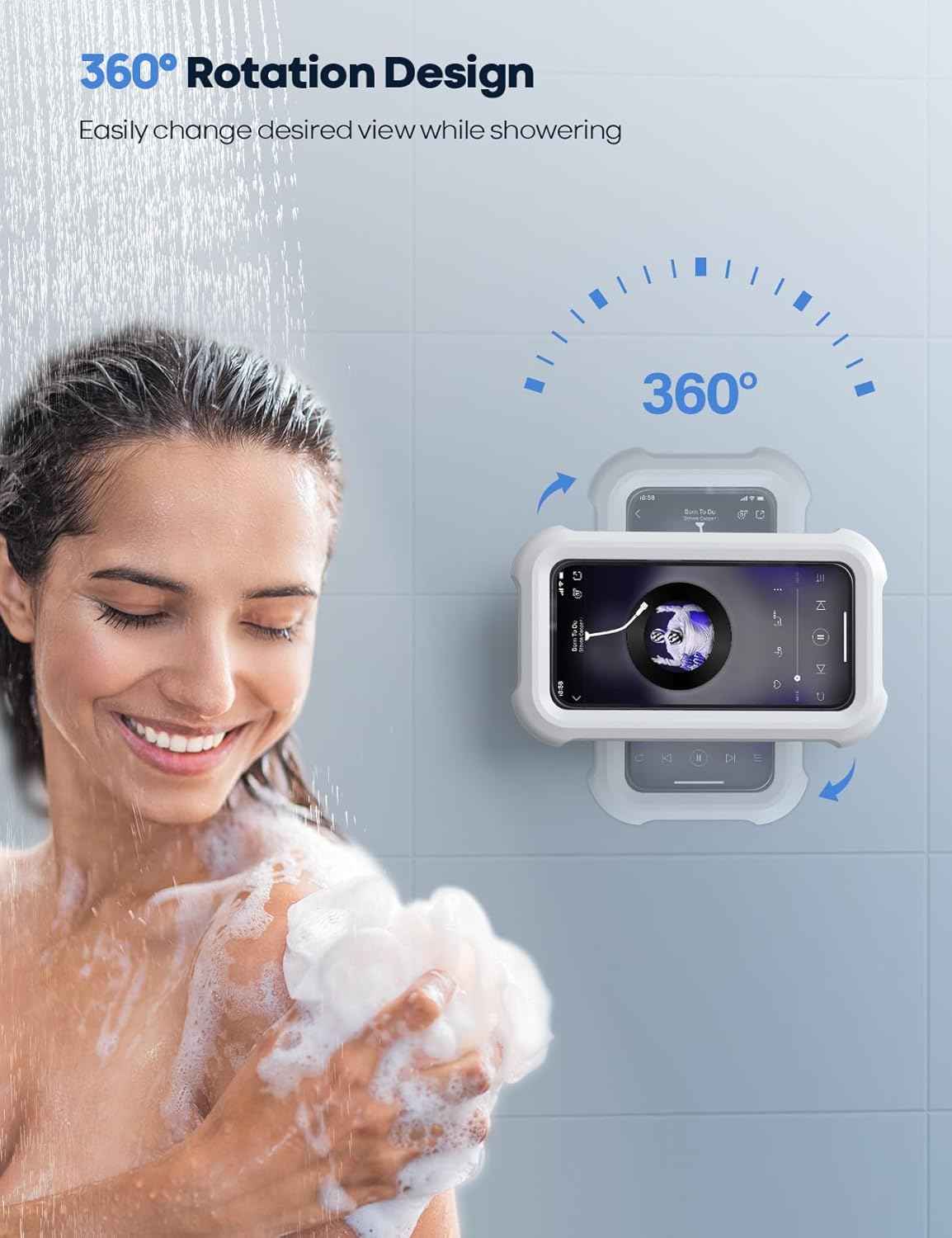 Lamicall Shower Phone Holder Waterproof - 480° Rotatable Retractable Adjustable Shower iPhone Case Holder, Bathroom Wall Phone Mount Stand Water Proof Anti Fog Case, Accessories for 4-7" Cellphones