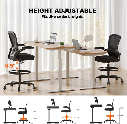 Ergonomic Drafting Chair, Tall Office Chair with Flip-up Armrests, Breathable Mesh High Desk Chair with Lumbar Support Adjustable Footrest Ring for Standing Desk Black