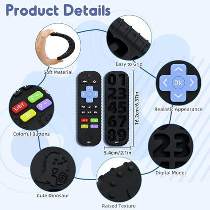 Teething Relief Teethers Toys for Babies 3-6-12 Months Gifts, Food Grade Silicone Sensory Baby Remote Control Teether Bath Toy for Newborn Infant Boy Girl Autism Birthday Gift, Black