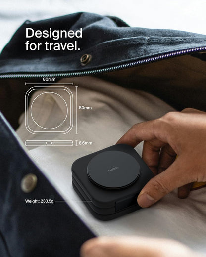 Belkin MagSafe Charger Compatible 3-in-1 Magnetic Charging Travel Pad 15W-BoostCharge Pro Foldable Qi2-Certified Wireless Charger, MagSafe-Compatible Charger for iPhone 16 Series, Apple Watch, AirPods