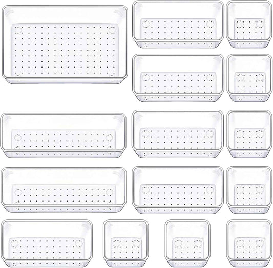 Drawer Organizers Set of 15, 4 Sizes Clear Plastic Drawer Organizers and Storage Bins for Kitchen, Bathroom, Office, Dresser Desk Drawer Organizer Tray for Jewelry, Makeup, Junk, Gadgets