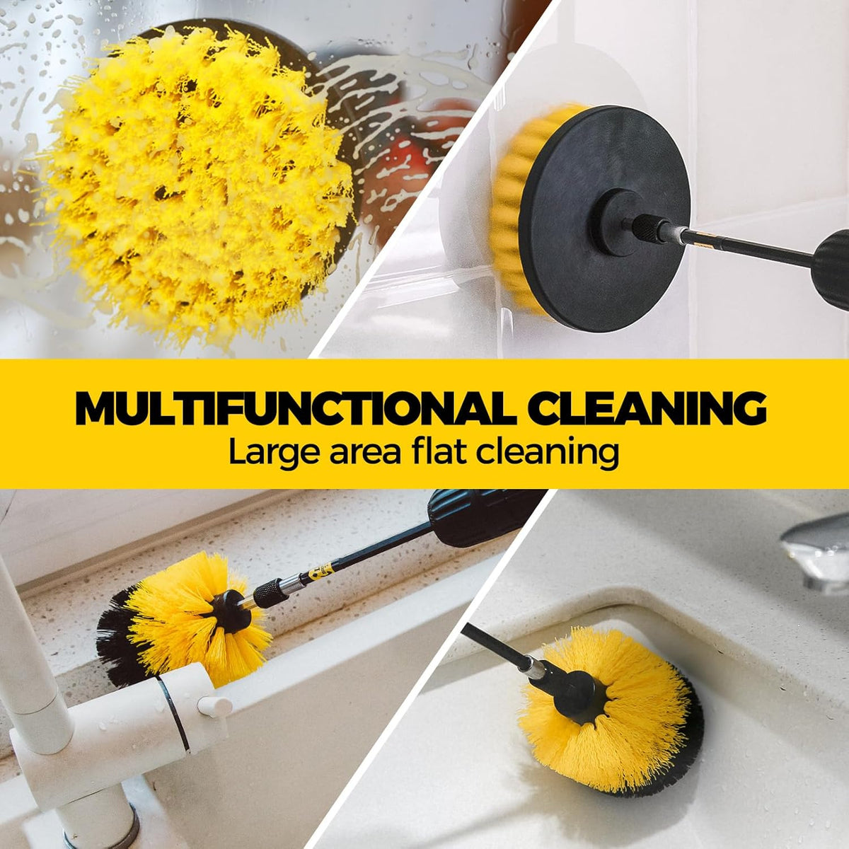 Holikme 6Pack Drill Brush Power Scrubber Cleaning Brush Extended Long Attachment Set All Purpose Drill Scrub Brushes Kit for Grout, Floor, Tub, Bathroom and Kitchen Surface,Scratch Brushes（Yellow）