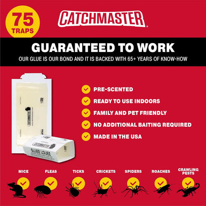 Catchmaster Pro Strength Mouse and Insect Glue Boards, 75-Pack Mouse Traps Indoor for Home, Sticky Pest Control Adhesive for Catching Bugs, Small Mice & Rodents, Non Toxic Bulk Glue Traps