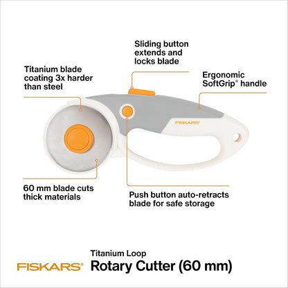 Fiskars 60mm Rotary Cutter for Fabric with Ergonomic Loop Grip And Comfort Handle, Titanium Rotary Fabric Cutter for Thick Materials, Easy and Safe Blade Change, Sewing Supplies and Quilting Tools