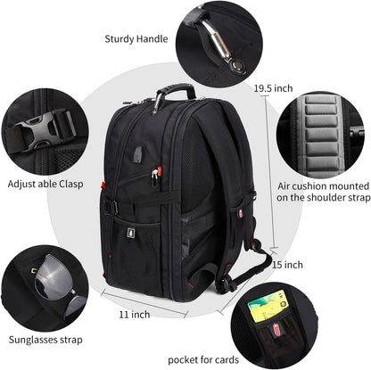 SHRRADOO Extra Large 50L Travel Laptop Backpack with USB Charging Port, College High School Backpack Airline Approved Business Work Bag Fits 17 Inch Computer for Men Women