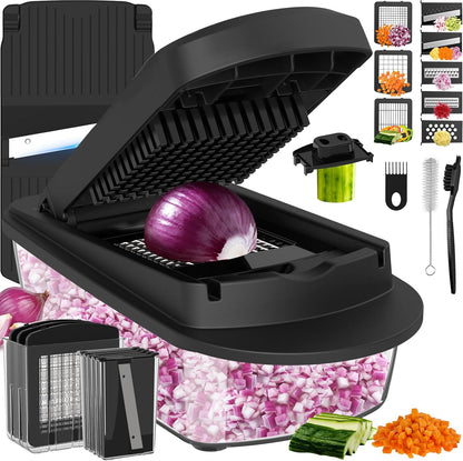 8 Blade All-in-1 Vegetable Chopper Mandoline Slicer with Container, Food Chopper, Onion Chopper, Veggie Cutter for Salad, Kitchen Gadgets Accessories Essentials, Black