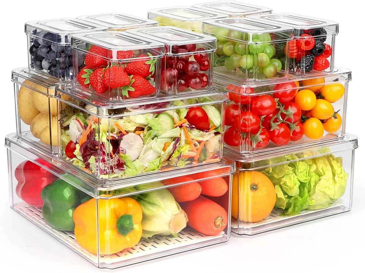 10 Pack Refrigerator Pantry Organizer Bins, Stackable Fridge Organizer Bins with Lids, Clear Plastic Food Storage Bins for Kitchen, Countertops, Cabinets, Fridge, Drinks, Fruits, Vegetable, Cereals
