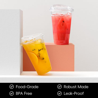 AOZITA 100 Pack - Clear 16 Oz Plastic Cups With Lids, Disposable Iced Coffee Cups With Lids for Party Drinks, Bubble Tea and Cold Beverage, BPA Free & Food Safe