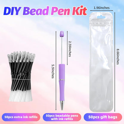 150 Pieces DIY Beadable Pen Kit – 50 Plastic Ballpoint Pens with Refills & Bags, Beads Not Included – School Supplies, Office Accessories & Craft Gifts for Students & Teachers (Multicolor)