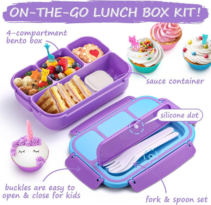 QQKO Bento Lunch Box for Kids Girls Boys, Toddler Kids Lunch Boxes for School, Lunch Containers for Adults with 4 Compartments, Sauce Container, Utensils, Food Picks and Muffin Cups, Purple