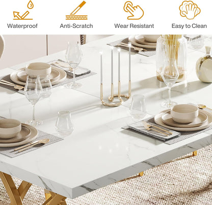 Tribesigns Modern Dining Table, 63" Large Kitchen Table for 4-6 People, Unique Rectangular Dinner Table Kitchen & Dining Room Furniture with Faux Marble Tabletop and Geometric Legs