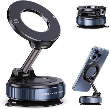 Vacuum Magnetic Suction Phone Holder, Foldable and Retractable Hands-Free Suction Cup Phone Mount for Car/Gym/Mirror/Smooth Surface, Compatible with iPhone Android and All Smartphones (Black)