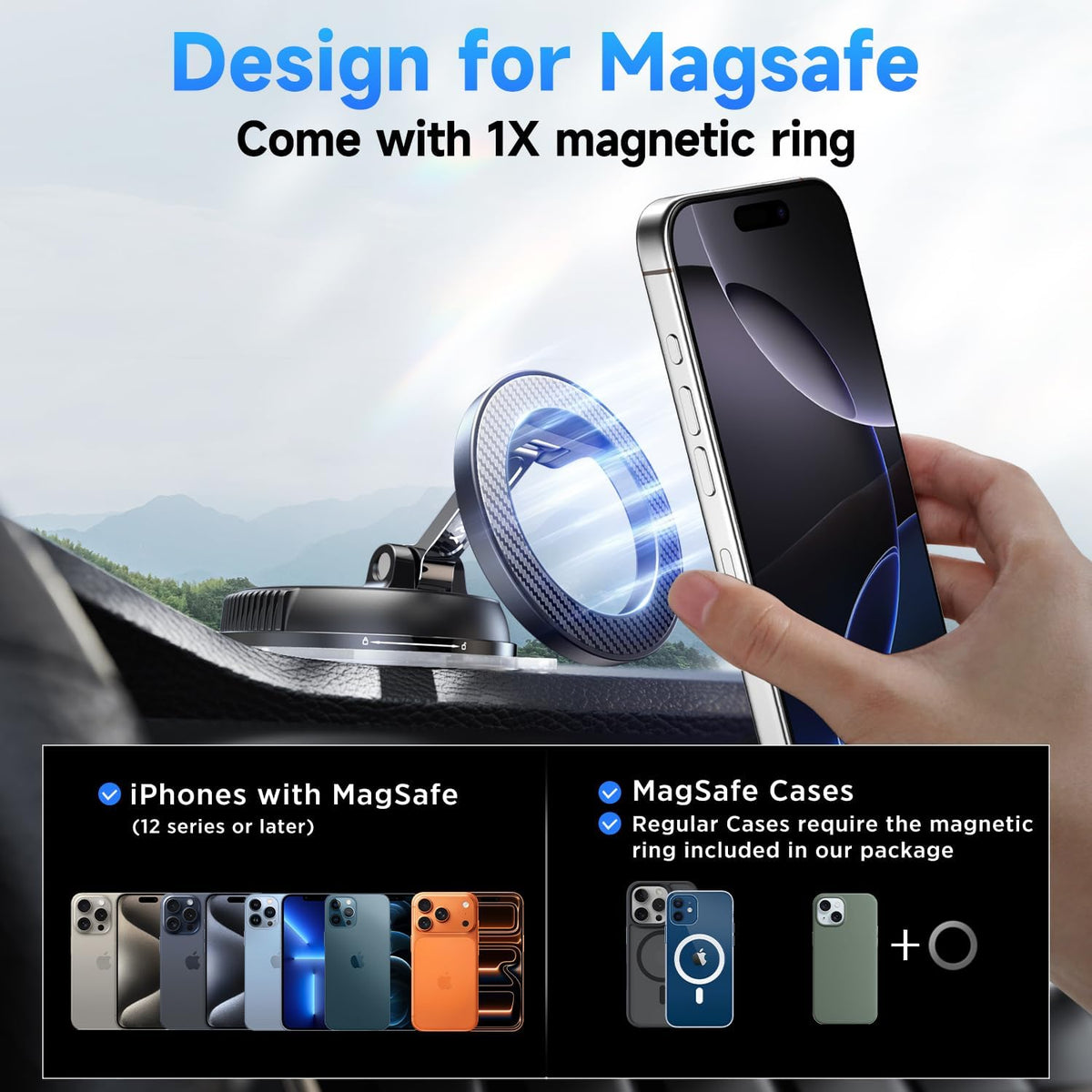 ANDERY Car Phone Holder for Magsafe [78+LBS Strongest Suction & 2400gf Magnetic] 360° Adjustable Car Phone Mount, Phone Holders for Your Car for iPhone 17 Pro Max 16 15 14 13 12 Air Plus, Carbon Fiber