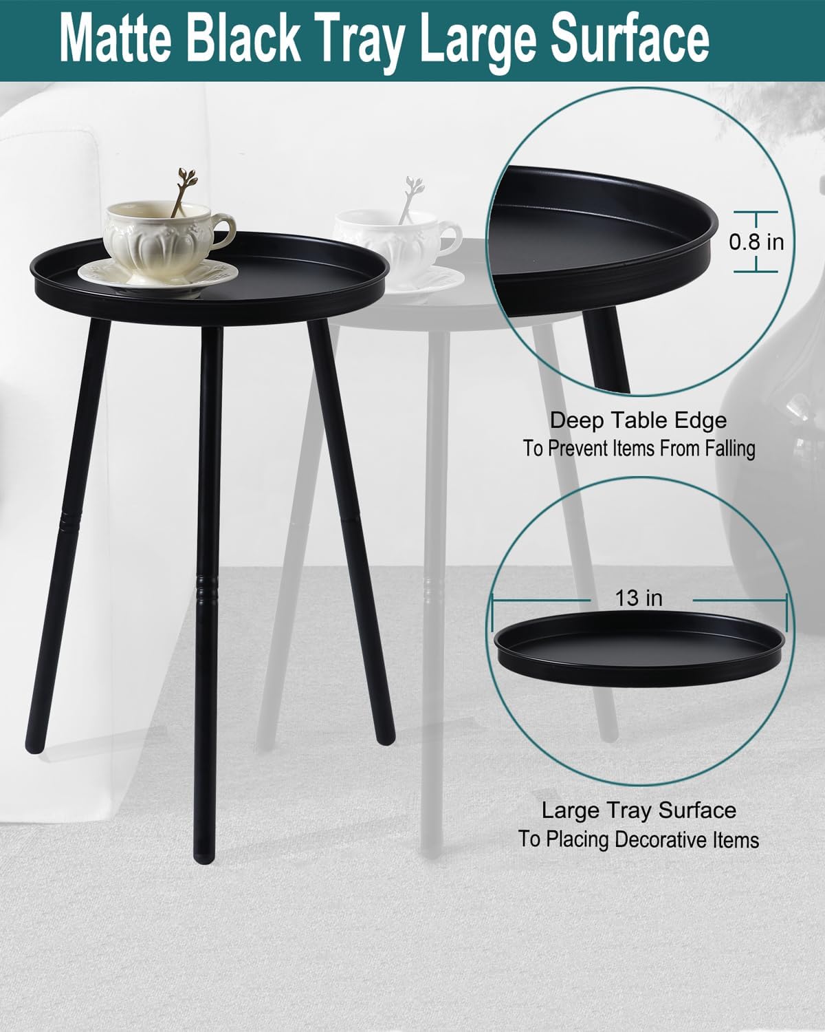 AOJEZOR Side Table: End Table for Any Room - Small Side Tables for Small Spaces All Matte Black with 3 Legged