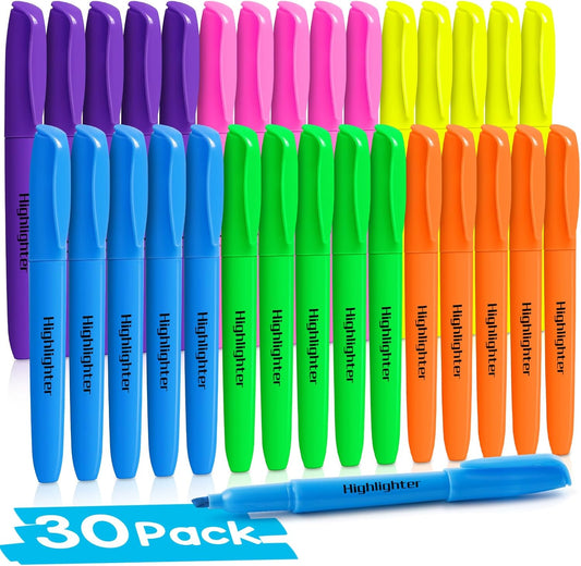V-Opitos 30 Pack Highlighters in 6 Assorted Colors, No Bleed, Bright With Soft Chisel Tips, Ideal for Office and School Supplies