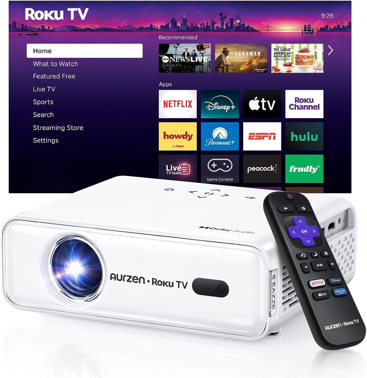 Aurzen Roku TV Smart Projector with Wifi and Bluetooth, Roku Streaming Experience Built-in, 1080P FHD, DoIby Audio, Auto Focus & Keystone, Zoom, Movie Portable Outdoor Mini Projector, White