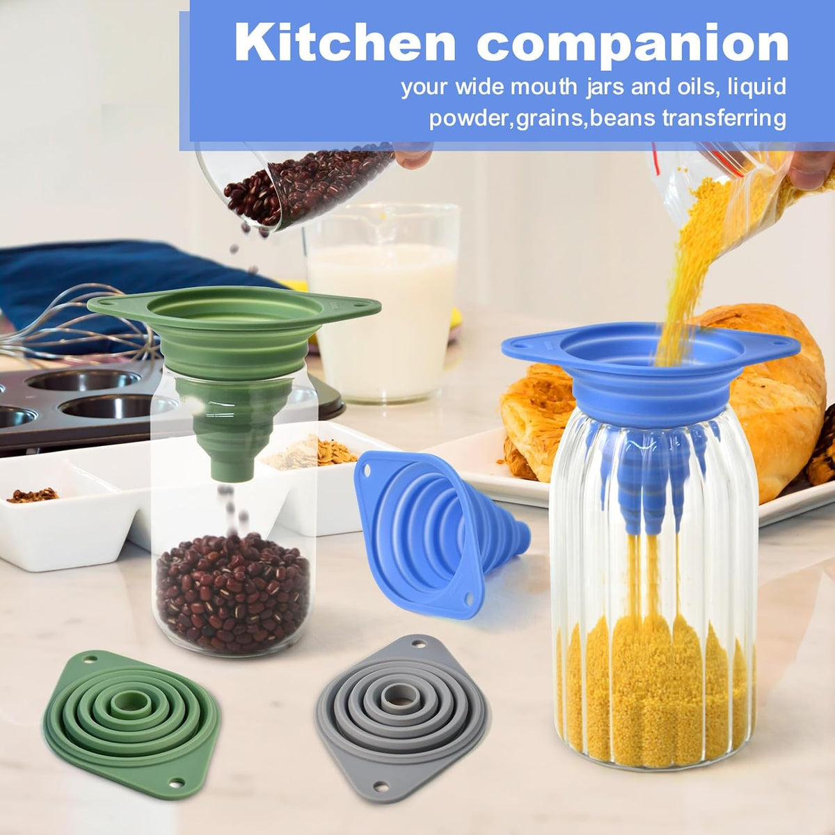 Kitchen Funnel Set 3 Pack,Funnels for Kitchen Use Filling Bottles,Silicone Funnel Collapsible,Small Funnels for Filling Small Bottles