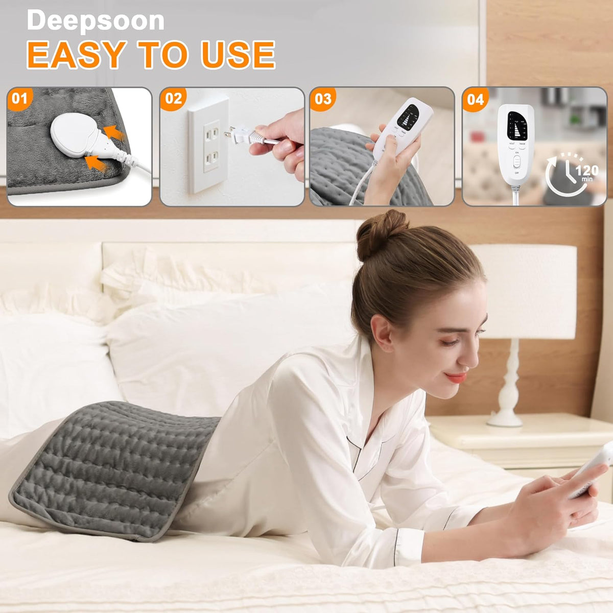 Deepsoon Heating Pad,Electric Heating Pads for Back,Neck,Abdomen,Moist Heating Pad for Shoulder,Knee,Arms,Legs,Dry/Moist Heat & Auto Shut Off,Christmas Gifts for Men and Women,Dark Gray,24x12 Inch