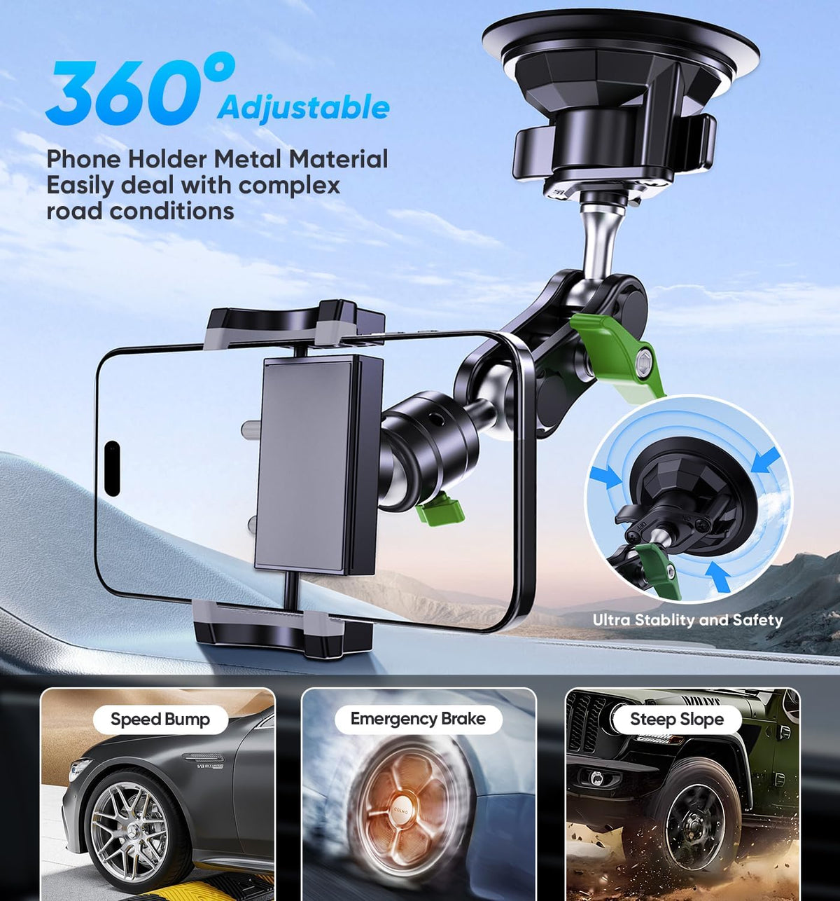 MAGIC JOHN Car Phone Holder, Ultra-Durable Mteal Phone Holders for Your Car, 360° Rotation Cell Phone Car Mount for Windshield, Suction Cup Car Phone Mount for iPhone Samsung All Smartphone