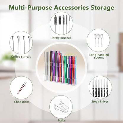 9.5” Large Acrylic Straw Holder for Cabinet Door - Reusable Tumbler Straw Organizer Storage, Small Kitchen Accessories Container, Ultra Sticky Cupboard Door Mounted (Transparent)