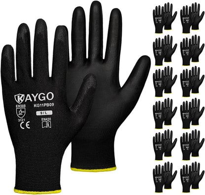 KAYGO Safety Work Gloves PU Coated,12 Pairs KG11PB Seamless Knit Glove for Men and Women, with Smooth Grip on Palm and Fingers, Ideal for General Duty Work (Large, Black)