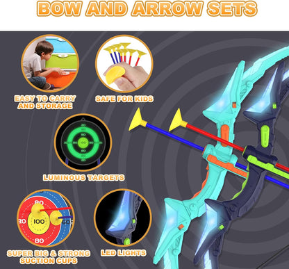 2 Pack Kids Bow and Arrow Set with LED Flash Lights, 14 Suction Cup Arrows and Fluorescence Standing Target-Perfect Indoor and Outdoor Game Archery Set Toy Gift for 4 5 6 7 8-12 Year Old Boys