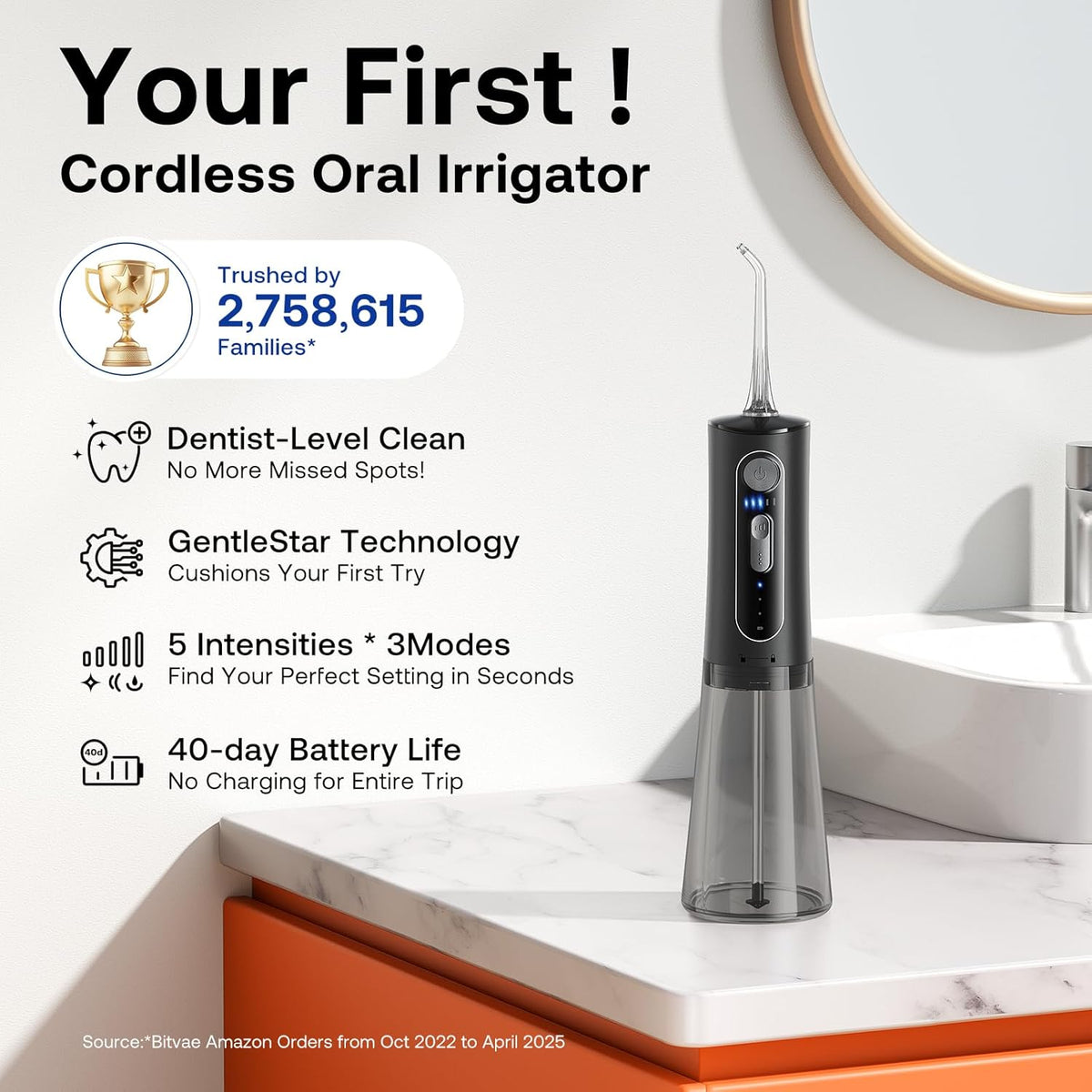Bitvae Water Dental Flosser for Teeth, Cordless Water Teeth Cleaner Picks, 3 Modes 5 Intensities, IPX7 Waterproof, Rechargeable Water Dental Picks for Cleaning - Black