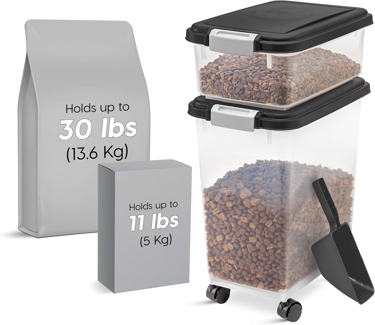 IRIS USA Dog Food Storage Container, 30 lbs & 11 lbs Combo, Cat Food Storage Container, Dog Treat Container, Airtight, Stackable, 2-Cup Scoop, Wheels, Easy Mobility, Black