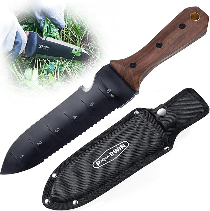 Hori Hori Garden Knife, Garden Tools with Sheath for Weeding,Planting,Digging, 7" Stainless Steel Blade with Cutting Edge, Full-Tang Wood Handle with Hanging Hole - Cart Shape