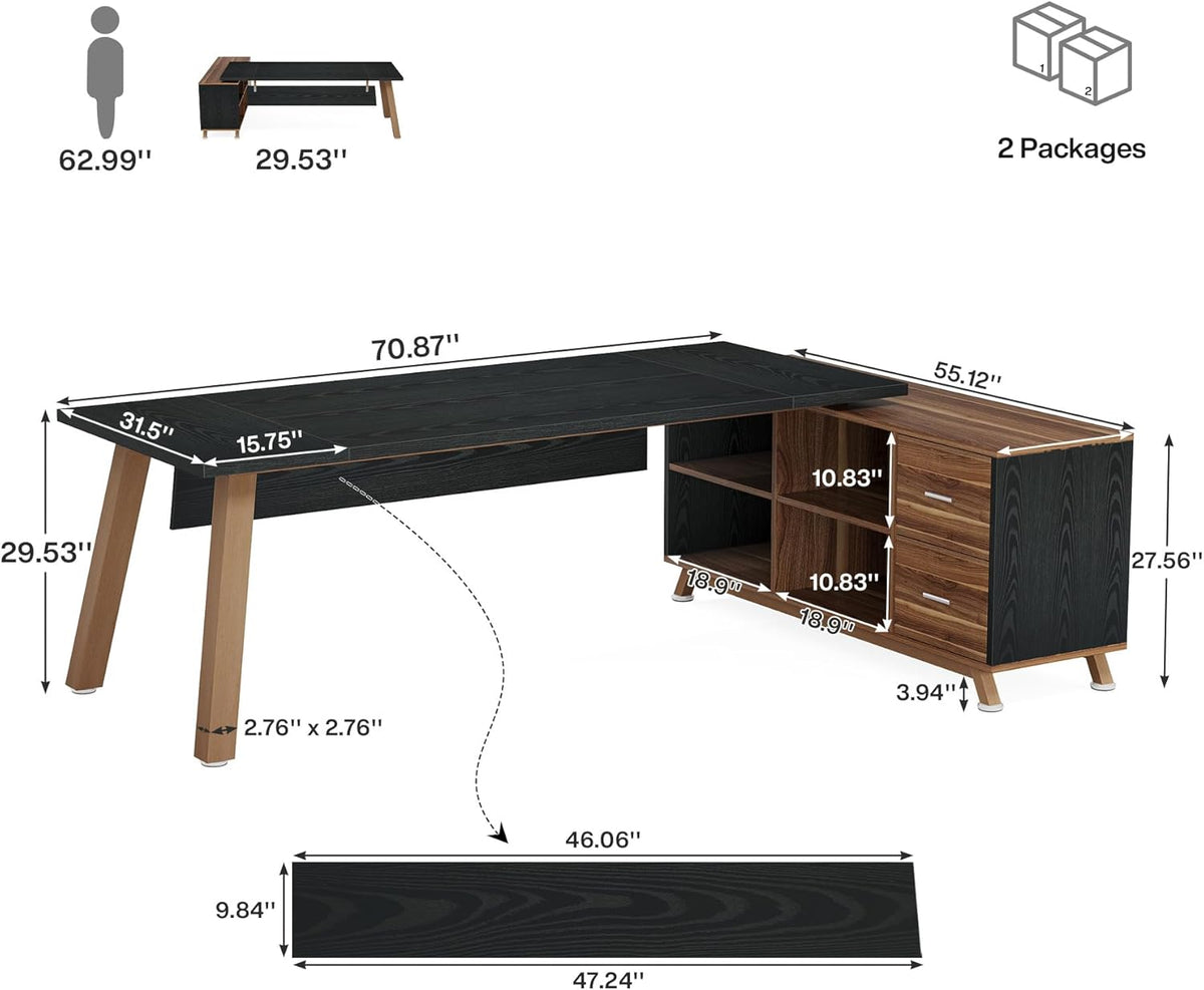 Tribesigns 78.7-Inch Executive Desk, L-Shaped Desk with 55-Inch Cabinet, Large Office Desk with Storage Shelves, Modern Computer Desk for Home Office, Black & Walnut