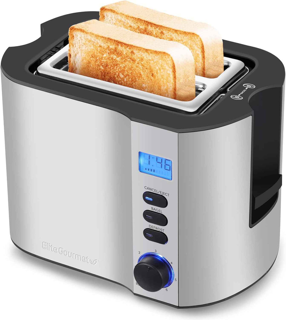Elite Gourmet ECT1027G Cool-Touch 2 Slice Toaster, 6 Toast Settings & Cancel Function, Extra Wide 1.25” Slots Easily Fits Breads, English Muffins, Bagels & Waffles, Gunmetal Gray
