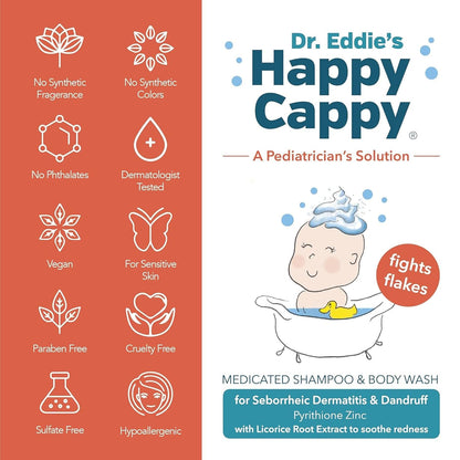 Happy Cappy Medicated Shampoo and Body Wash- Baby Dandruff Shampoo, Helps Cradle Cap and Seborrheic Dermatitis, Reduces Flakes and Redness, Dermatologist Tested, Fragrance-Free - 8 Fl Oz