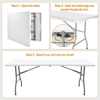 6ft Folding Table - Heavy Duty Portable Table for Parties, Camping & BBQs, Folds in Half for Easy Storage, No Assembly Required, White