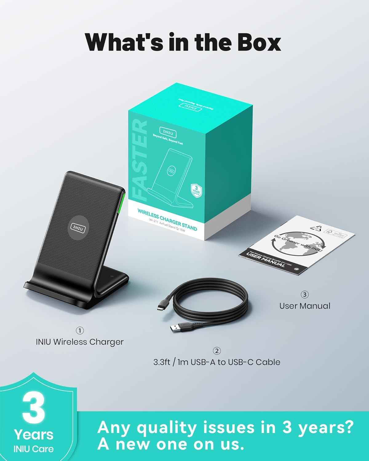 INIU Wireless Charger, 15W Fast Qi Certified Wireless Charging Station with Sleep-Friendly Adaptive Light Compatible with iPhone 17 16 15 14 13 12 Pro Max Samsung Galaxy S25 S24 S23 Note 20 Google etc