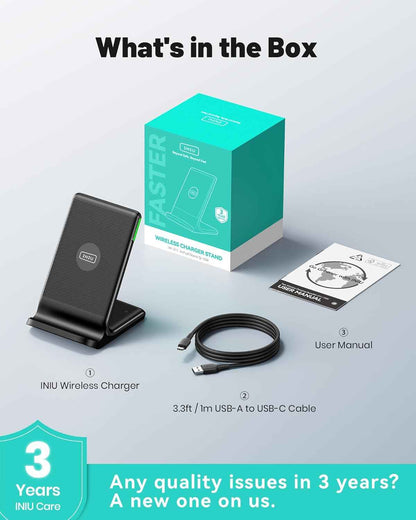 INIU Wireless Charger, 15W Fast Qi Certified Wireless Charging Station with Sleep-Friendly Adaptive Light Compatible with iPhone 17 16 15 14 13 12 Pro Max Samsung Galaxy S25 S24 S23 Note 20 Google etc