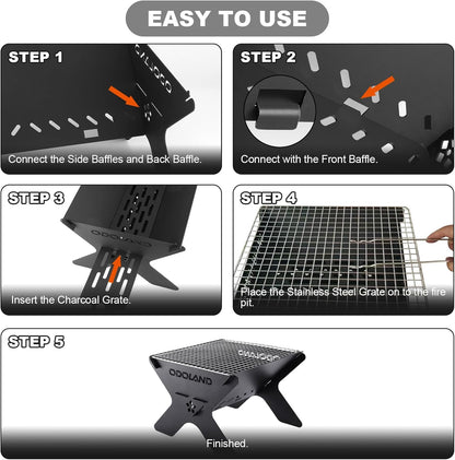Odoland Camping Campfire Grill, Portable Folding Charcoal Grills, Backpacking BBQ Grill, Heavy Duty Firepit Grill with Carry Bag for Outdoor Cooking, Bonfire, Patio, Backyard