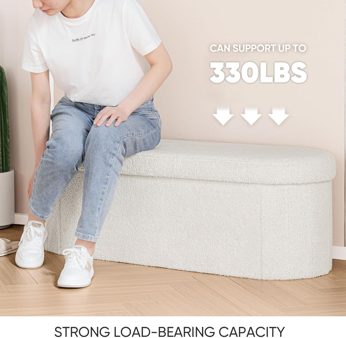 B FSOBEIIALEO Ottoman with Storage for Living Room, Sherpa Folding Storage Ottoman Foot Rest, 43.3 Inches Collapsible Bedroom Bench White