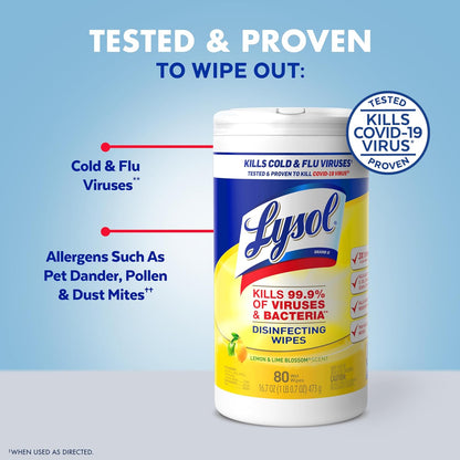 Lysol Disinfecting Wipes Bundle, Home Apartment Dorm Room Essentials and Cleaning Supplies, All Purpose Cleaner, Multi-surface Cleaning Wipes, Lemon and Lime Sanitizing Wipes Bundle, 80 Count