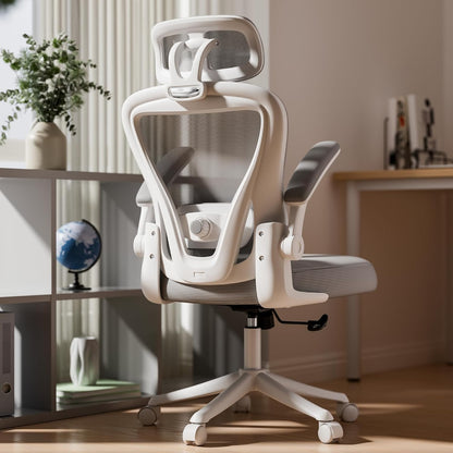 Ergonomic Office Chair M903, Computer Desk Chair with Wheels, High Back Mesh Office Chair with Adjustable Lumbar Support, Headrest, Flip-Up Armrests, Withe Grey
