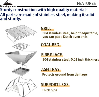 CAMPINGMOON Portable Stainless Steel Campfire Fire Pit Foldable Wood Burning Charcoal Grill for Camping Stove, Outdoor Cooking, Folding BBQ Grill 14-inch with Carry Bag MT-2