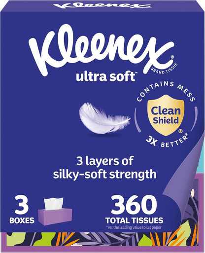 Kleenex Ultra Soft Facial Tissues, 3 Flat Boxes, 120 Tissues per Box, 3-Ply (360 Total), Packaging May Vary