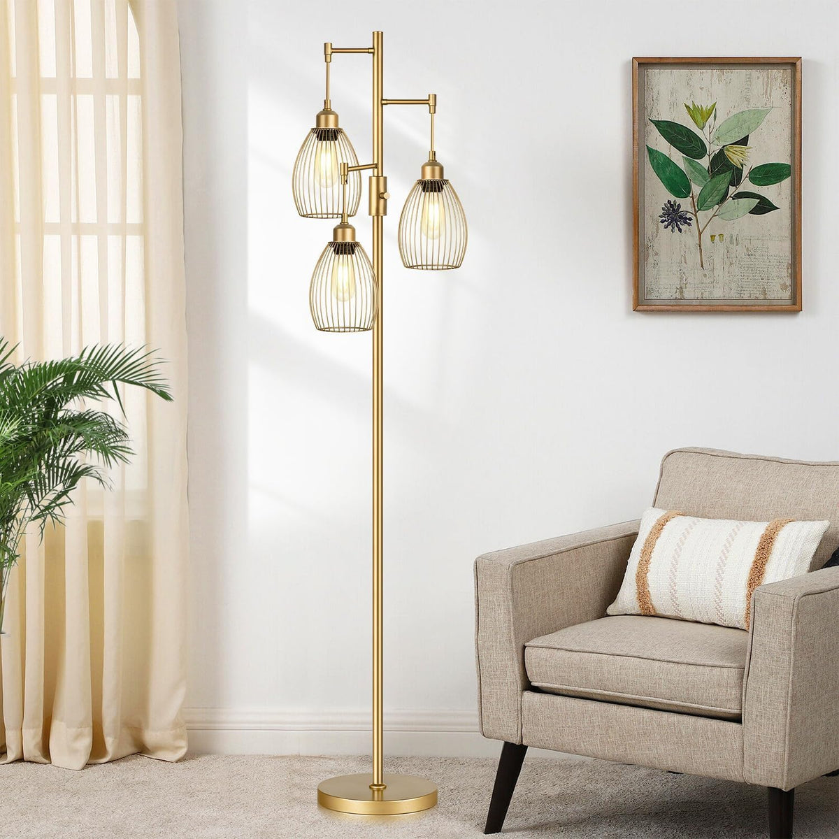 Dimmable Floor Lamp, Industrial Floor Lamps for Living Room, Gold Tree Lamp Standing Lamp Tall Lamps with 3 Elegant Teardrop Cage Head & 800 Lumens LED Bulbs for Living Room Bedroom Office