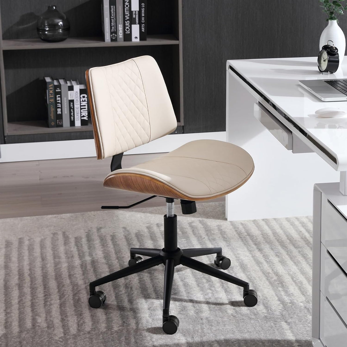 Home Office Chair No Arms with Wheels, Adjustable Height Small Desk Chair, PU Leather Mid Back 360 Swivel Computer Chair, Armless Modern Walnut Chair for Office, Reading Meeting Room(Beige)