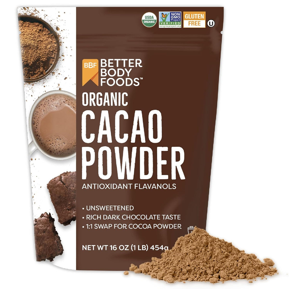 BetterBody Foods Organic Cacao Powder, 16 oz, Rich Chocolate, Non-GMO, Gluten-Free, Cocoa, 1 lb bag