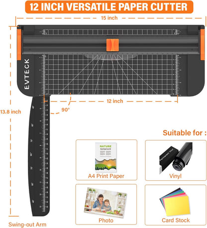 Evteck Paper Cutter 12 Inch Paper Trimmer Slider Crafting Scrapbooking Supplies for A4 Vinyl Photo Cardstock with Security Blade and Foldable Ruler