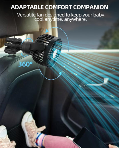 Portable Stroller Mini Fan, Small Rechargeable Personal Fan, Baby Travel Essentials for Wagon, Car Seat, Treadmill, Battery Powered Biking Gear Accessories, 360° Rotation, 3-Speed, Display, Black